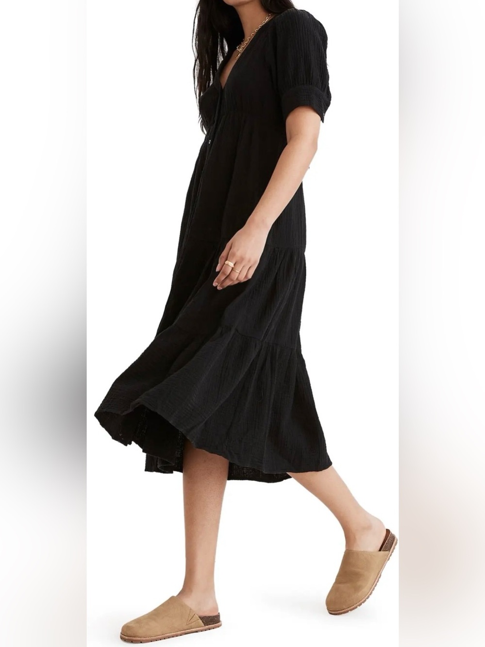 Madewell Black Lightspun Tiered Button Front Midi Dress Women’s Size 0 - Picture 3 of 14